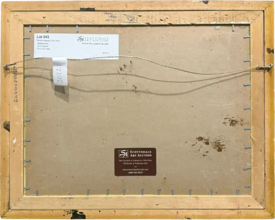 Back of a wooden-framed artwork with hanging wire, cardboard backing, and Scottsdale Art Auction labels (Lot 343).