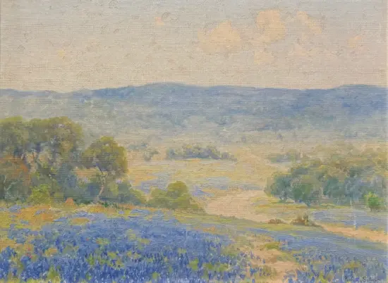 Impressionist landscape painting of a pale sky over blue hills, with a foreground of blue and yellow wildflowers and greenery.