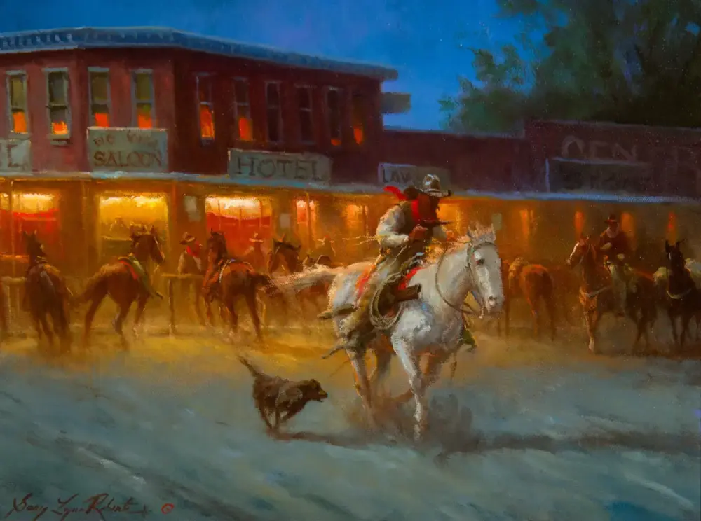 Dusty Western street scene at night: riders on horses, a hound running ahead, warm hotel/ saloon glow in windows, a cheering crowd in the background