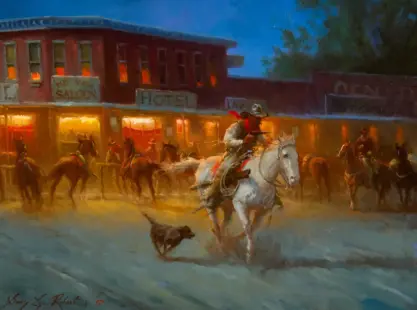 Dusty Western street scene at night: riders on horses, a hound running ahead, warm hotel/ saloon glow in windows, a cheering crowd in the background