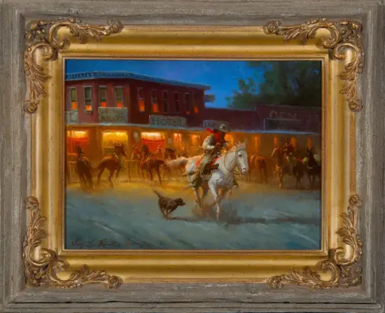 A cowboy on a white horse chases a small dog through a dusty western street at night, with saloon lights behind him.