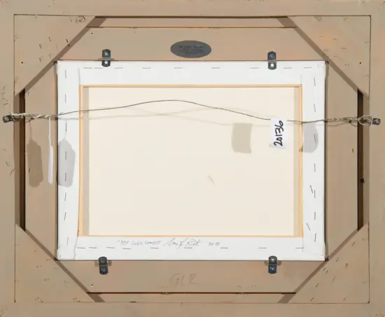 Back of a stretched canvas on a wooden frame; metal hanging wire runs across the middle with small labels and handwritten notes on the frame edge.