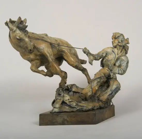 Bronze sculpture of a man restraining a rearing horse with a rope, mounted on a rocky base on a rectangular plinth.