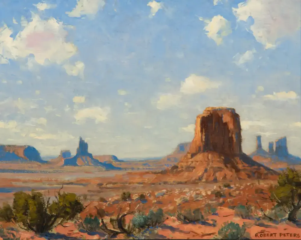 Oil painting of a desert landscape with a large red rock butte in the foreground and distant formations under a blue sky.
