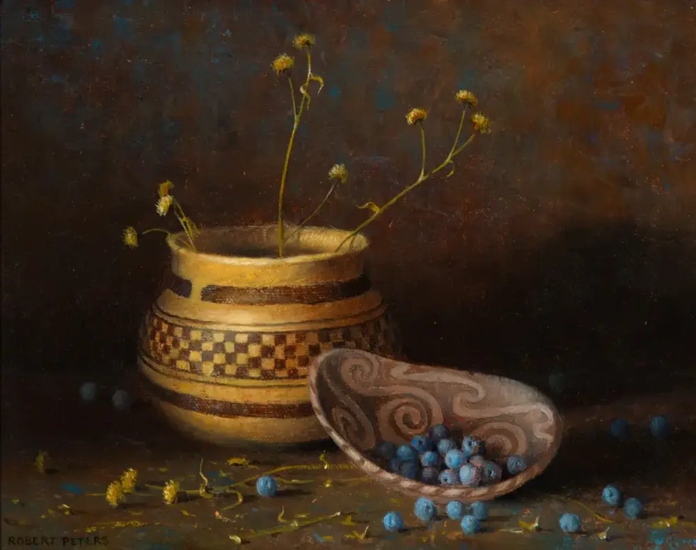 Still-life painting of a patterned ceramic vase with thin stems and small yellow flowers, beside a decorative bowl overflowing with blue berries.