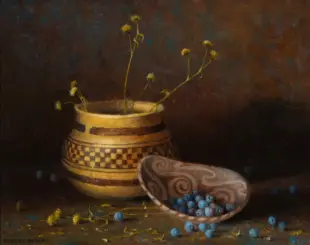 Still-life painting of a patterned ceramic vase with thin stems and small yellow flowers, beside a decorative bowl overflowing with blue berries.