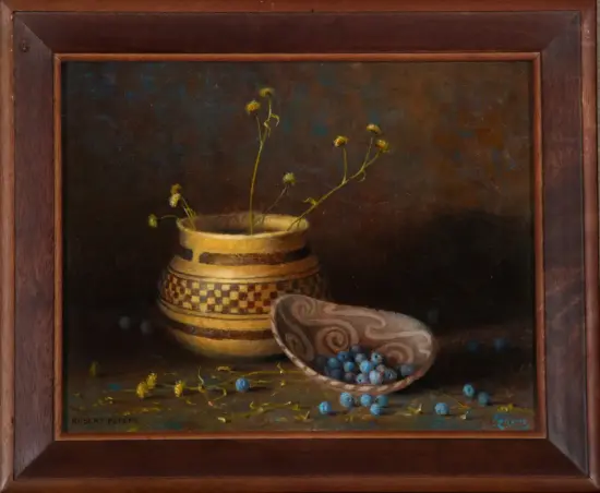 Still life: a striped ceramic vase with tall yellow stems and a curved dish spilling blue berries on a dark background.