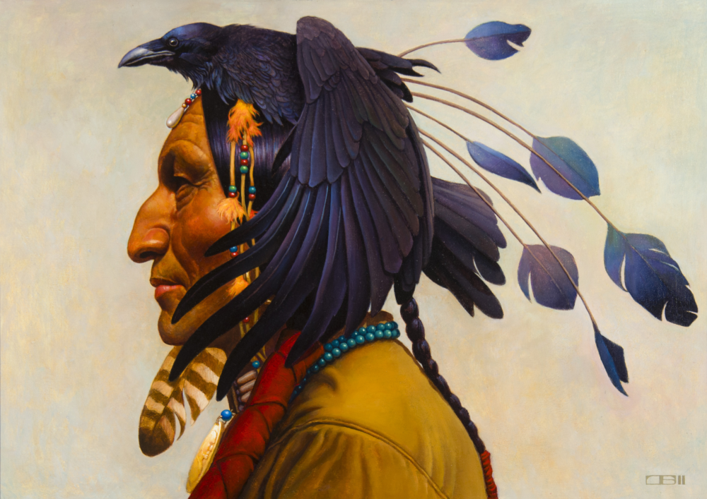 Profile view of a Native American figure wearing beaded necklaces, with a large black raven perched on the shoulder and wings spread across the image.