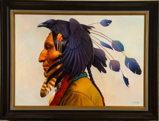Framed painting of a Native American man in profile with a black raven perched on his head, turquoise bead necklace, and native jewelry.