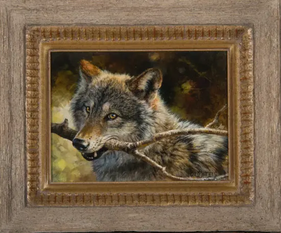 Painted portrait of a gray wolf with a branch in its mouth, set against a dark forest background, in a rustic wooden frame.