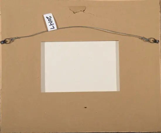 Framing back: a metal wire for hanging an artwork attached to a cardboard backing, with a white label reading '2014' tucked along the wire.
