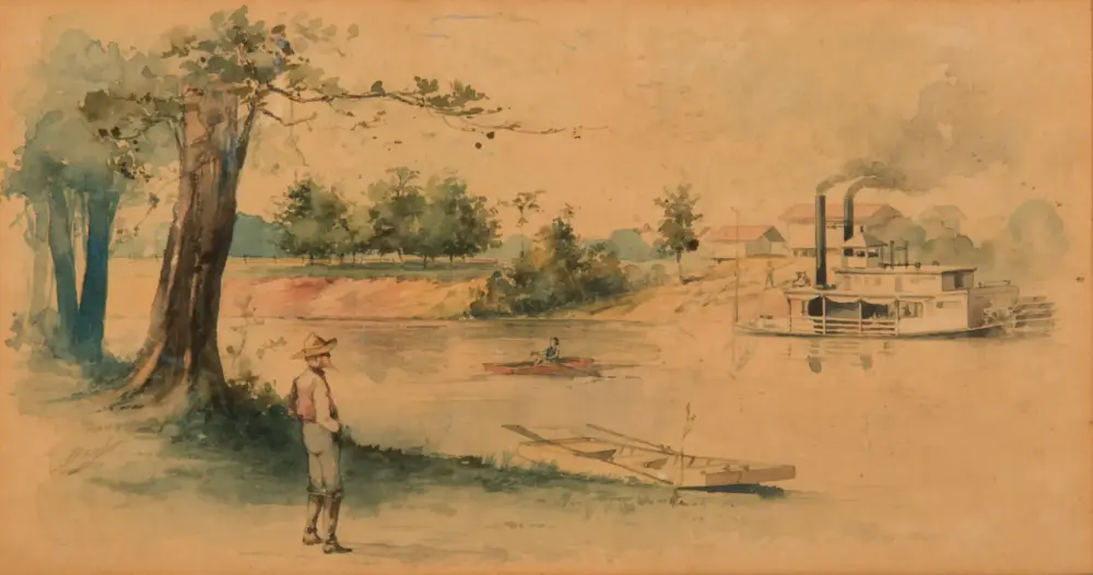 Watercolor river scene with a paddle steamer on the right, trees on the left, and a person in a small boat on the water.