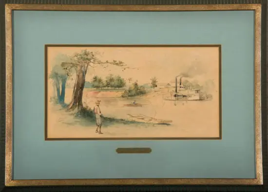 Framed watercolor scene of a man by a river with trees and a steamboat in the distance