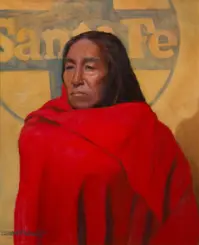Portrait of a person with long dark hair wrapped in a bright red shawl, looking serious against a yellow-toned background with abstract text shapes behind them.