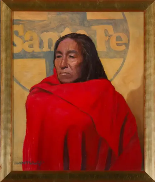 Oil portrait of a person with long dark hair, wrapped in a bright red shawl, looking off to the left, in a gold-framed painting.