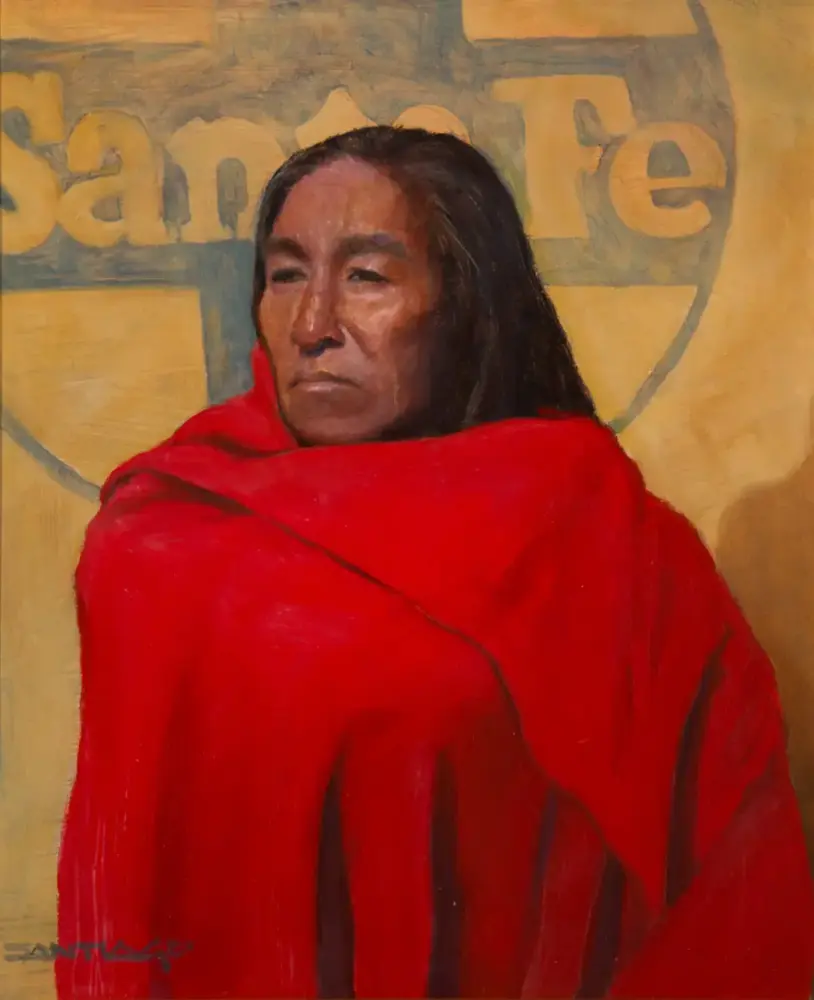 Portrait of a person with long dark hair wrapped in a bright red shawl, looking serious against a yellow-toned background with abstract text shapes behind them.
