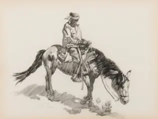 A rider in a hat and bandana on a saddled horse with its head bowed, grazing.