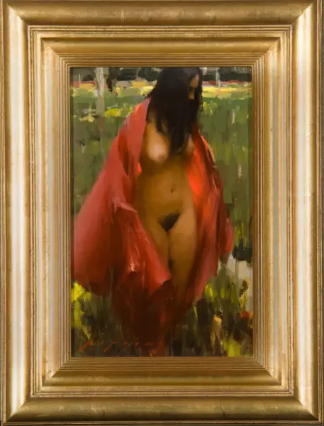 Oil painting of a nude woman standing in a green meadow, wrapped in a red shawl, inside a gold ornate frame.