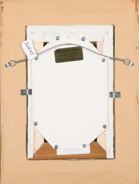 Back of a framed painting on a peach wall, with a wire hanging system and a Waterhouse Gallery label visible at the top center.