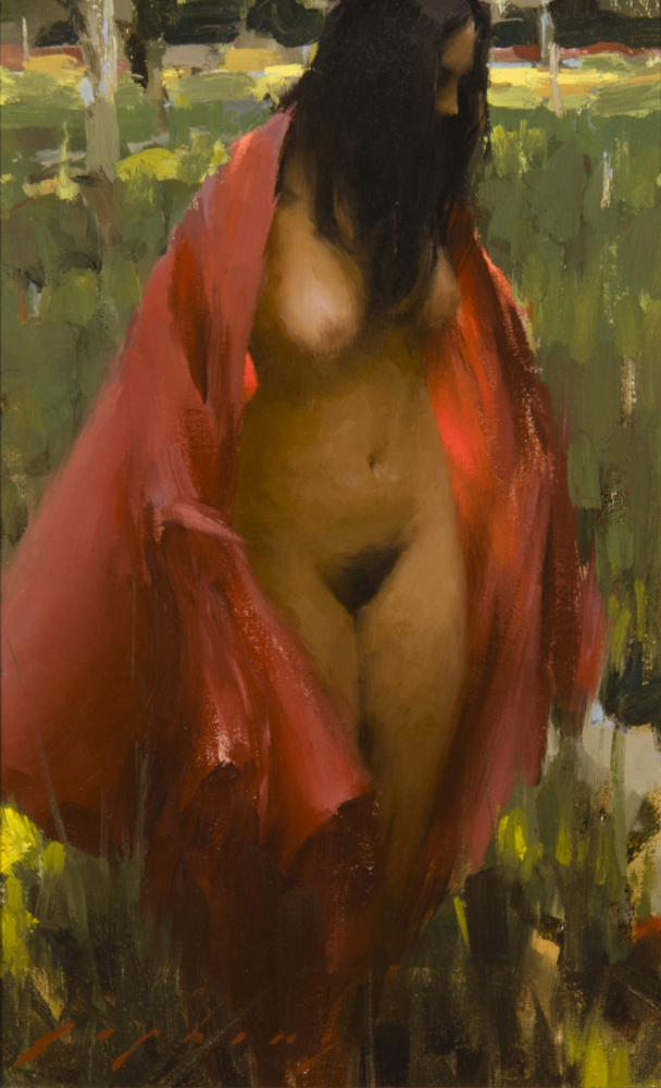 Impressionistic painting of a topless woman wrapped in a red shawl, outdoors with green foliage in the background.