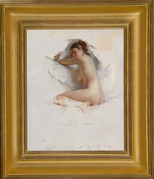Impressionistic painting of a nude woman seen from the back, with a gilded gold frame around the artwork.