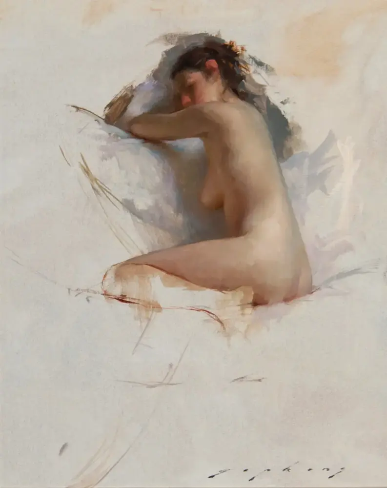 Impressionistic painting of a nude woman seen from the back, seated with her arms resting on a surface, soft pastel tones and loose brushwork.