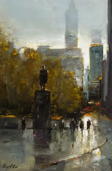 Impressionist painting of a cityscape with a statue on a pedestal in a plaza, tall buildings in the hazy background.