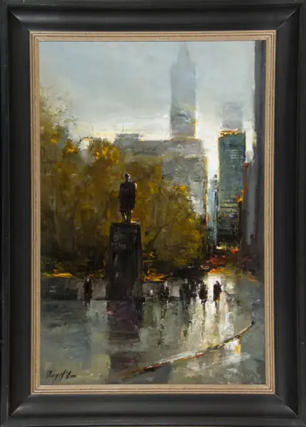 Urban plaza at dusk with a tall statue on a pedestal, wet reflective pavement, autumn trees, and modern buildings in the background.