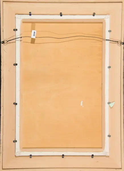 Back of a wooden framed painting; a metal hanging wire runs across the width, attached by rings at both ends, with a small tag reading '20208' on the wire.