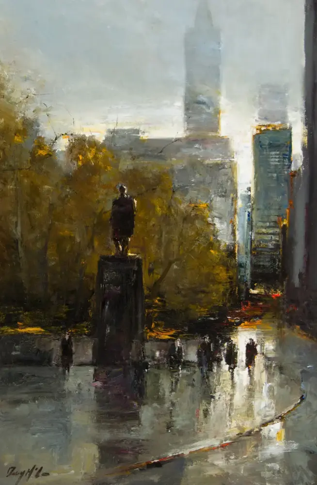 Impressionist painting of a cityscape with a statue on a pedestal in a plaza, tall buildings in the hazy background.