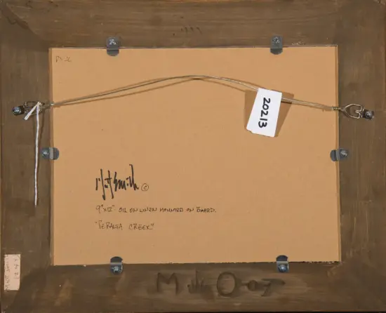 Back of a framed artwork: wooden frame with metal hanging wire, hardware, and a cardboard backing; a white tag reads '20213'.