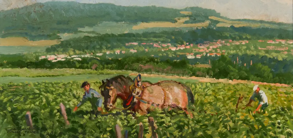 Impressionist rural scene with green fields, hills in the distance, and people tending to a horse in a vineyard-like field near a fence.”