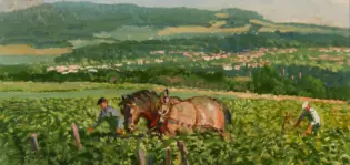 Impressionist rural scene with green fields, hills in the distance, and people tending to a horse in a vineyard-like field near a fence.”