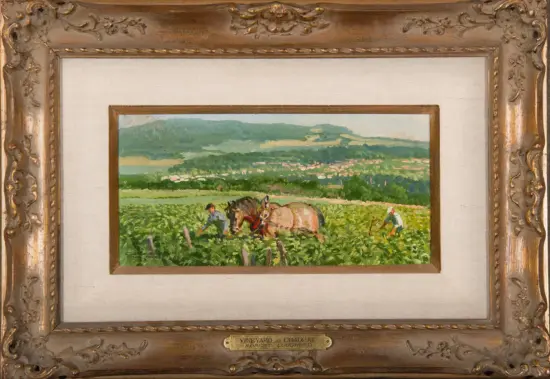 Ornate frame surrounds a small landscape painting of a vineyard with workers and horses in the foreground and rolling hills in the distance; plaque reads 'Vineyard at Chadraat'