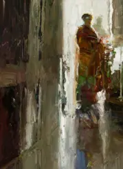 Abstract impressionist painting of a person in a brown coat standing in a bright doorway or corridor, with loose, thick brushstrokes.