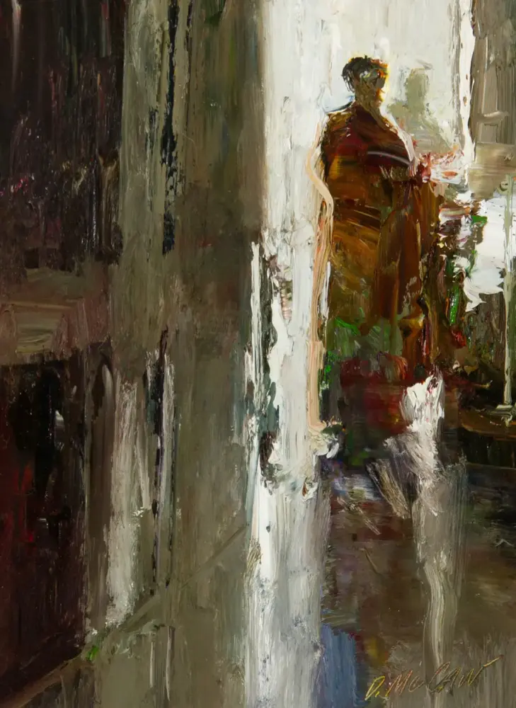 Abstract impressionist painting of a person in a brown coat standing in a bright doorway or corridor, with loose, thick brushstrokes.