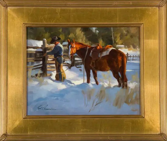 Impressionistic winter scene of a man in a hat with two brown horses near a wooden fence in snow, framed art scene