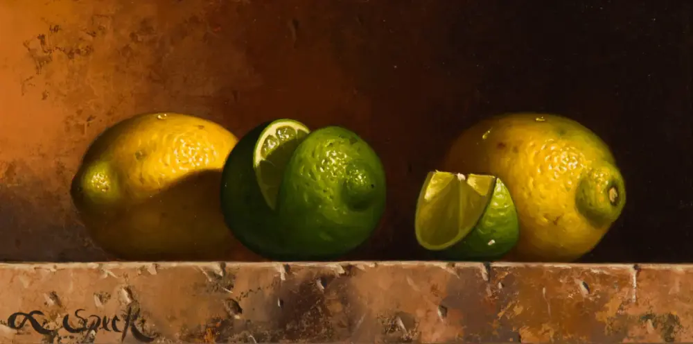 Assorted citrus fruits, including lemons and limes, placed on a rusty metal shelf with warm lighting, some cut.