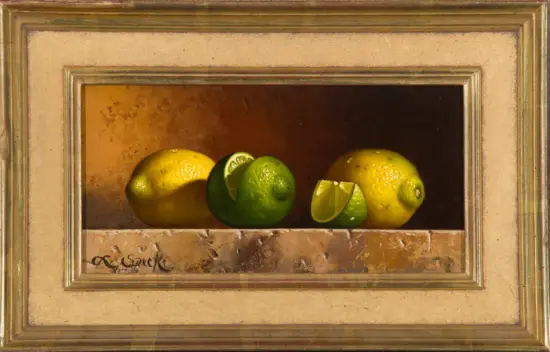 Still life painting of lemons and limes on a dark surface, framed by an ornate gold frame in beige.