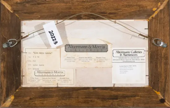 Back of a framed artwork with hanging wire and gallery labels from Altermann & Morris Galleries