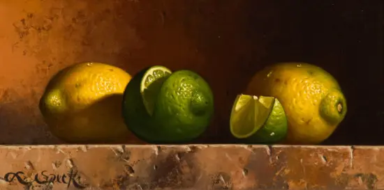 Assorted citrus fruits, including lemons and limes, placed on a rusty metal shelf with warm lighting, some cut.