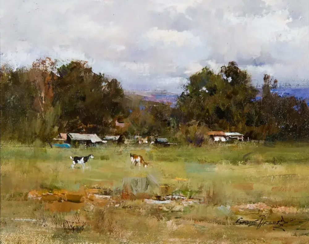Impressionist landscape with two cows grazing in a grassy field, distant trees and small farm buildings under a cloudy sky.