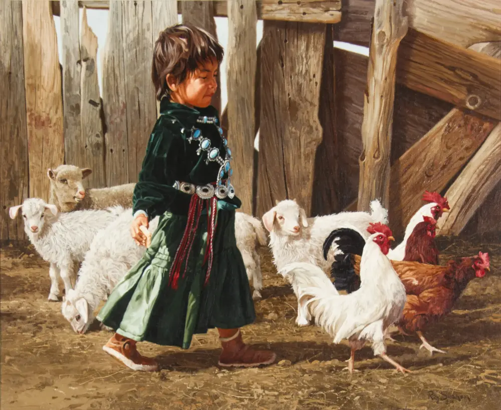 Child in green traditional dress with turquoise jewelry walking among white sheep inside a wooden pen.