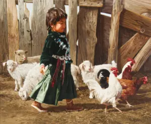 Child in green traditional dress with turquoise jewelry walking among white sheep inside a wooden pen.