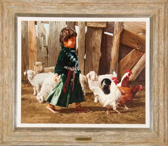 Young girl in a green dress guides a flock of white sheep and colorful chickens in a rustic barnyard setting.