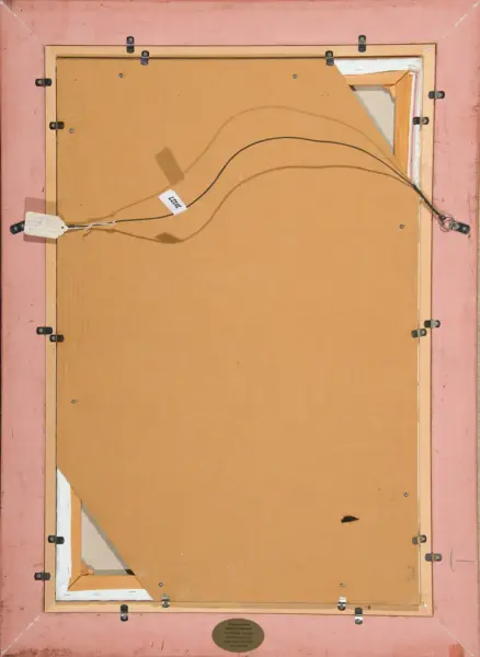 Back of a framed artwork with hanging wire, tags, and pink outer border.