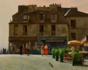 European town square with a large multi-story building, cafe tables, and pedestrians walking by.”