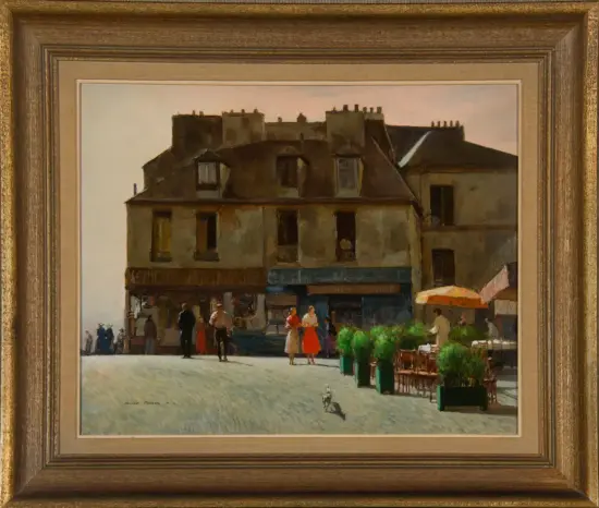 Street scene with a row of old buildings, people walking and outdoor cafe seating under an orange umbrella in a sunny square