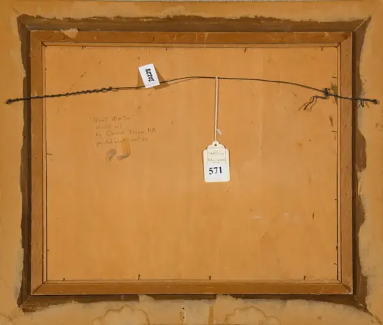 Back of a framed painting with a wire hanger, white inventory tag reading 571, and handwritten notes mentioning 'Mont Martre' by Donald Teague (oil, 16x20).