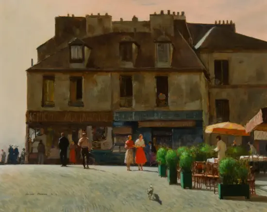 European town square with a large multi-story building, cafe tables, and pedestrians walking by.”